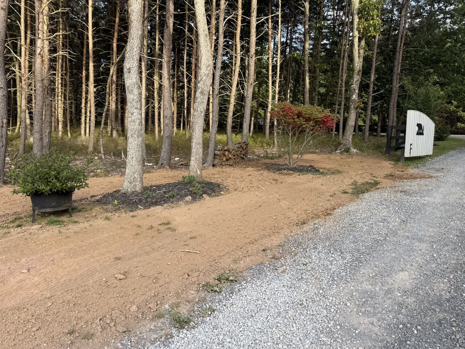 Topsoil spread and raked along the shoulder of a gravel drive